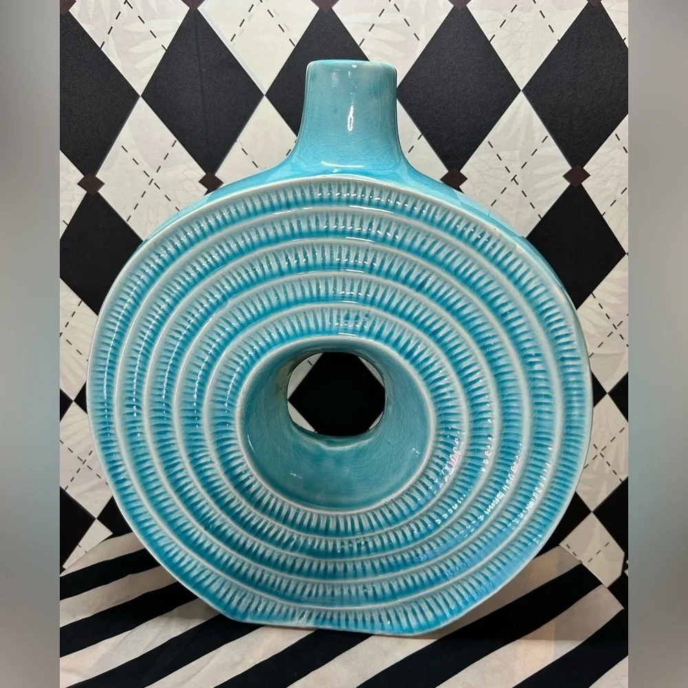 Grand-Scale 16" Rare Turquoise Sculptural Ceramic Vase – Modernist Circle Form - Picture 10 of 14